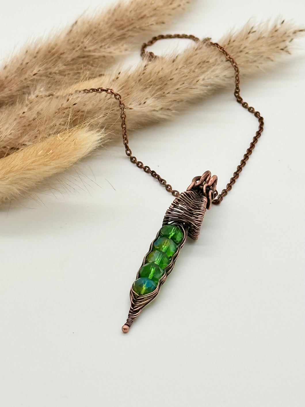 Long Green Glass Beaded Copper Necklace