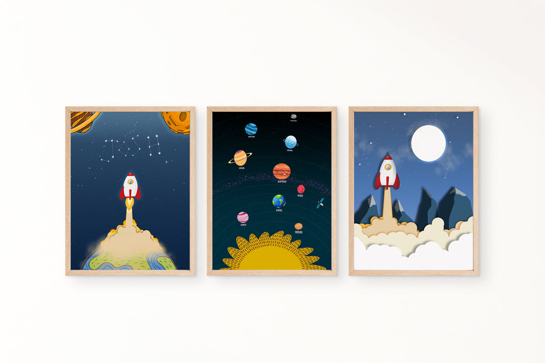 Set of space rocket and planets prints